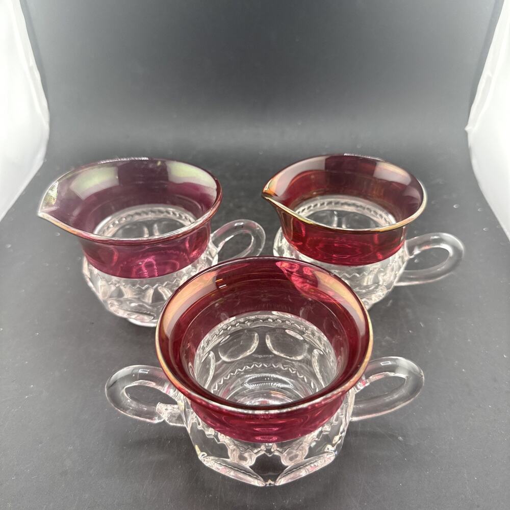 Vintage Tiffin King’s Crown Ruby Flash Creamer Sugar Bowl Set + Cup Thumbprint